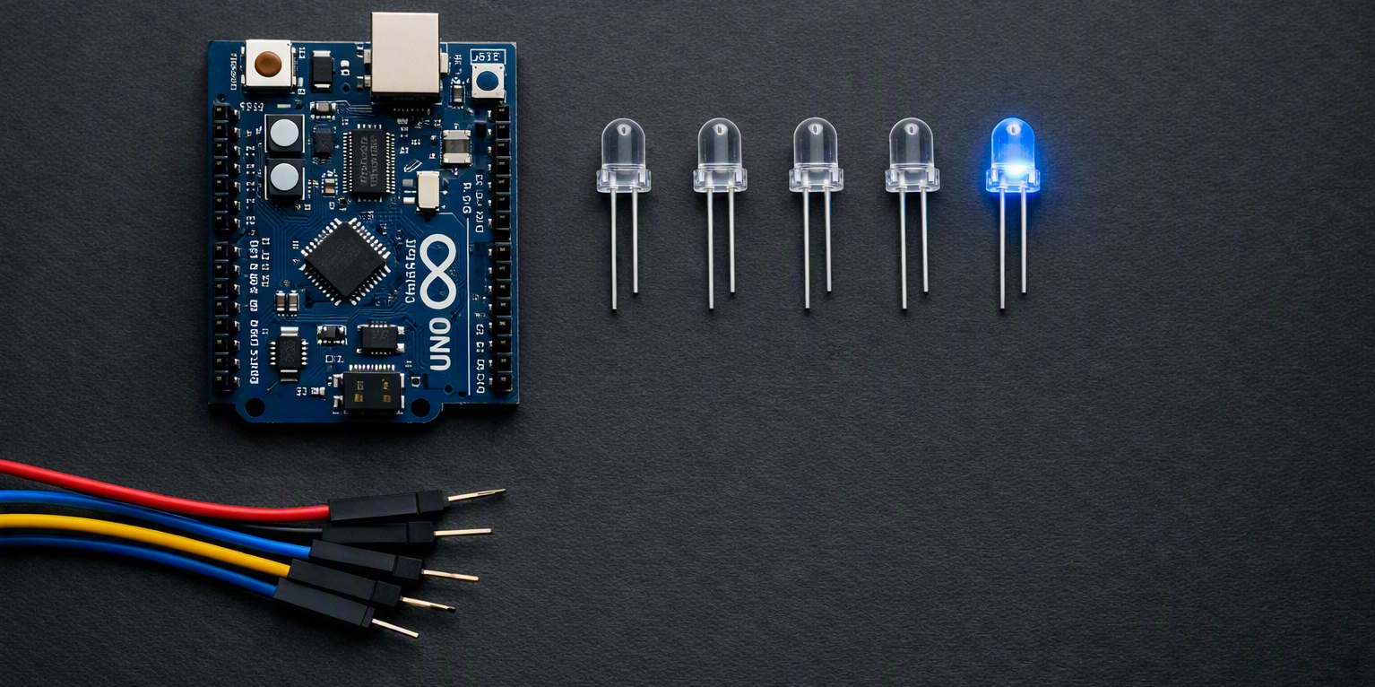 image of an arduino uno, some LEDs, one of them illuminated in blue and some cables